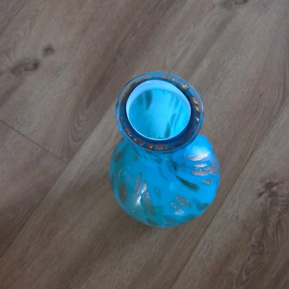 MCM Turquoise Blue Blown‎ Glass Vase Metallic Gold Drips Art Glass